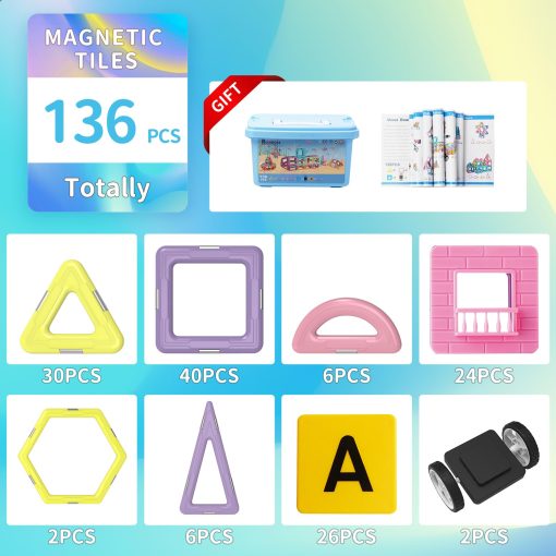 Juguetes de Bloques de Construccion de Azulejos Magneticos para Ninos, 136 Piezas 3D Castillo Creativo de Construccion Magnetica Juego de Apilamiento Inteligencia Preescolar Juguete STEM para Ninas y Ninos de 3 anos en Adelante (Color Macaron) - Imagen 6