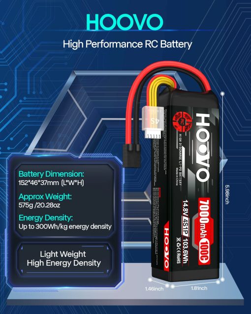 Bateria LiPo HOOVO 4S 14.8V 7000mAh 100C con Placas Metalicas Compatible para X-Maxx RC Truck Tank RC Car Racing Hobby (Paquete de 2) - Imagen 3