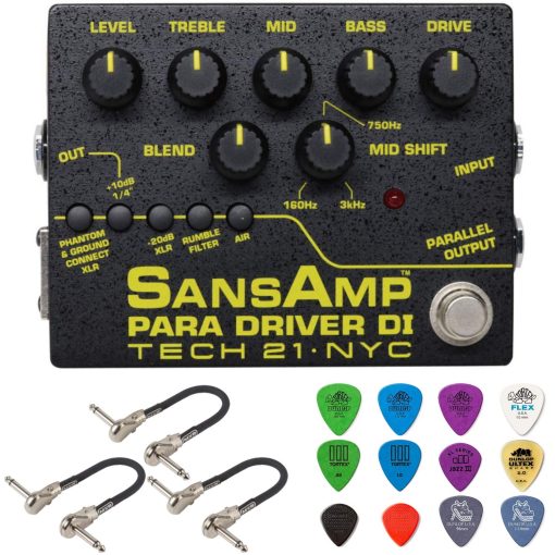Pedal preamplificador Tech 21 SansAmp Para Driver DI V2 con paquete de 3 cables de parche MXR y paquete de puas Dunlop