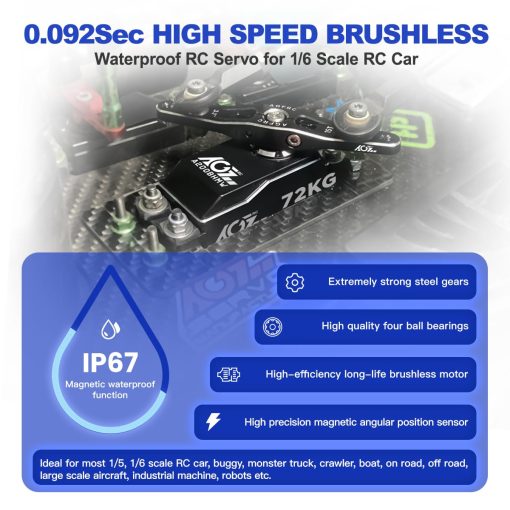 AGFRC 72KG Waterproof 1/6 RC-Servo-Motor de Alta Torque - 0.092Sec Alto Velocidad Brushless HV Engranaje Metalico Completo Direccion Digital Servo para Coche RC Escala 1/6 (A200BHMW) - Imagen 3