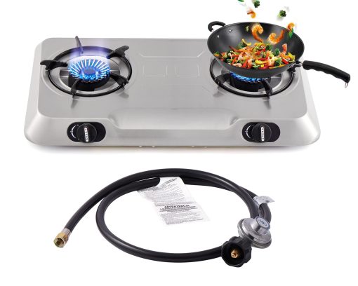 Cocina de gas propano con 2 quemadores, estufa de gas portatil de acero inoxidable con encendido automatico para acampar, doble gas LP para RV, apartamento, exterior
