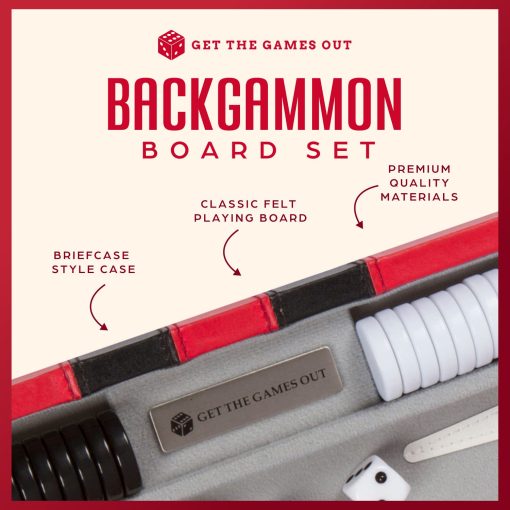 Juego de Backgammon de Get The Games Out - Estuche clasico de juego de mesa - Mejor guia de estrategia y consejos - Disponible en tamanos pequeno, mediano y grande (Rojo, Mediano) - Imagen 2