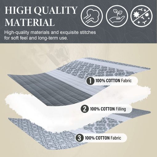Juego de Edredon King Size SahSahCasa, Set de Edredon King, Edredon de Cama King Size de Algodon 100%, Colcha Reversible Ligera de Retazos Florales para Cama King, Gris Azulado, para Todas las Estaciones, 3 Piezas - Imagen 4