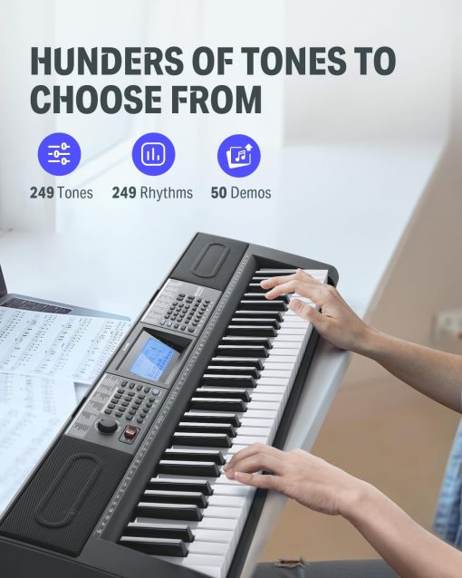 Piano de Teclado de 61 Teclas Donner, Teclado de Piano Electrico con 249 Voces, 249 Ritmos - Incluye Soporte para Piano, Banco, Microfono, Regalo para Principiantes, Negro (DEK-610S) - Imagen 2