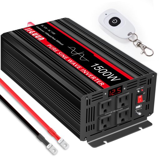 Inversor de Onda Sinusoidal Pura JIGUUN de 1500 vatios CC 12V a CA 120V, Convertidor de Coche con 4 Tomas de CA y Salida USB, Control Remoto del Inversor de Potencia para Acampar al Aire Libre RV