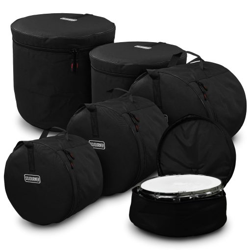 Estuches para tambores (5 piezas) - Set de bolsas de viaje para kits estandar de tambores - Diseño resistente y acolchado grueso para la proteccion de tu bateria - Incluye bolsa de bombo de 22", estuche de 12" para tom, estuche de 13" para tom, estuche de 16" para tom, estuche de 14" para caja