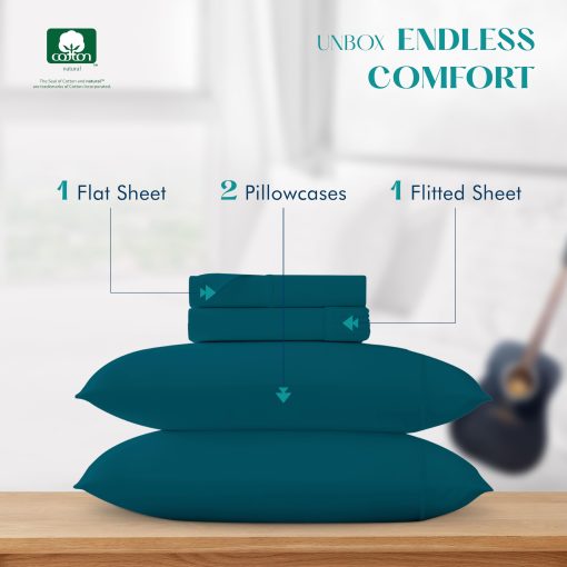 Juego de sabanas de algodon egipcio XOOX Linen 100% Queen Size - 1200 hilos 4 piezas Juego de sabanas Queen de algodon egipcio, Sabana de saten de lujo Queen, Sabanas de alto hilo, 19" bolsillo profundo - Azul verde - Imagen 3
