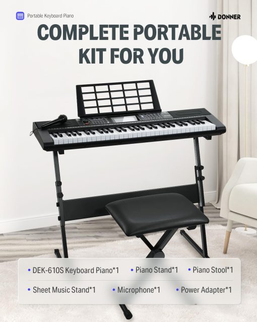Piano de Teclado de 61 Teclas Donner, Teclado de Piano Electrico con 249 Voces, 249 Ritmos - Incluye Soporte para Piano, Banco, Microfono, Regalo para Principiantes, Negro (DEK-610S) - Imagen 7