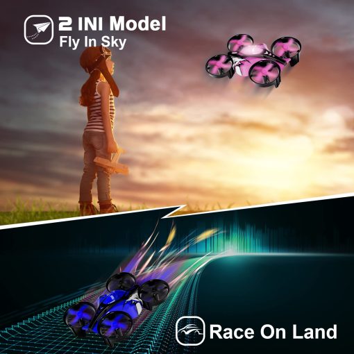 UNTEI 2 En 1 Mini Drones para Ninos Drone Control Remoto con Modo Terrestre o Modo Vuelo, Luces LED, Hovering Automatico, Flip 3D, Modo sin Cabeza y 4 Baterias, Juguetes Regalos para Ninos Ninas (Azul y Rosa Puerto 2 Paquetes) - Imagen 3