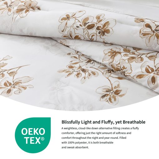 Juego de Edredon King Size PANGUSHAN, Edredon Acolchado de Algodon Floral Esponjoso para Cama King, Set de Cama de Lujo, Todas las Estaciones, Alternativa al Plumon, 3 Piezas, Blanco/Marron - Imagen 5