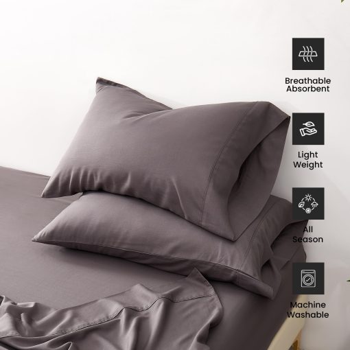 Juego de Sabanas de Bambu y Lino Nueva Temporada Tamano Queen 80% Bambu 20% Lino - 4 Piezas - Sabana Ajustable de Bolsillo Profundo de 15" Sabana Plana 2 Fundas de Almohada (Queen, Gris Ceniza) - Imagen 4