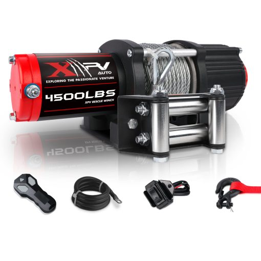XPV AUTO 12V 4500LBS Cabrestante Electrico de Cable de Acero para Remolque de ATV/UTV 4x4 con Control Remoto Inalambrico Soporte de Montaje IP66 Impermeable Cabrestante Electrico con Rodillo de Guia de 4 Vias