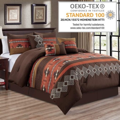 Juego de Edredon de 7 Piezas de Diseño Nativo Americano del Suroeste y Oeste Cama Tamaño Reina Coffee Brown Bed in a Bag Ropa de Cama Navajo - Makala (Ladrillo Especias, Reina) - Imagen 2