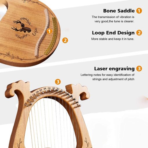 Arpa Lira, Arpa de 16 Cuerdas de Madera Maciza de Caoba con Llave de Afinacion, Pua, Cuerdas, Estuche Negro y Manual de Instrucciones para Amantes de Instrumentos Principiantes (Color Madera) - Imagen 3