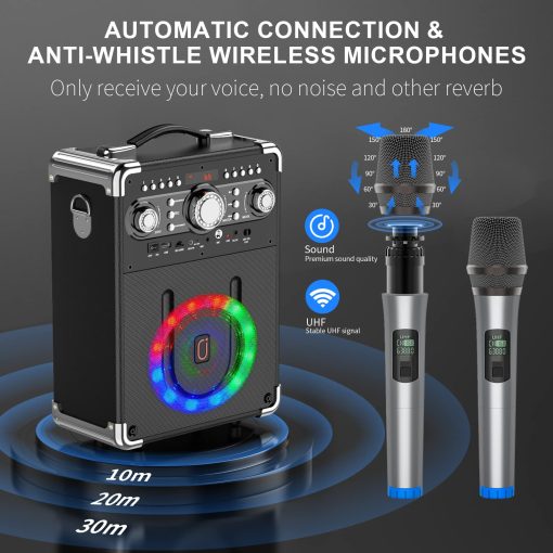 Maquina de Karaoke HWWR con 3 Microfonos para Adultos y Ninos, Altavoz de Karaoke Portatil con Luces DJ, Altavoz Bluetooth para Fiestas en Casa, Reuniones - Imagen 4