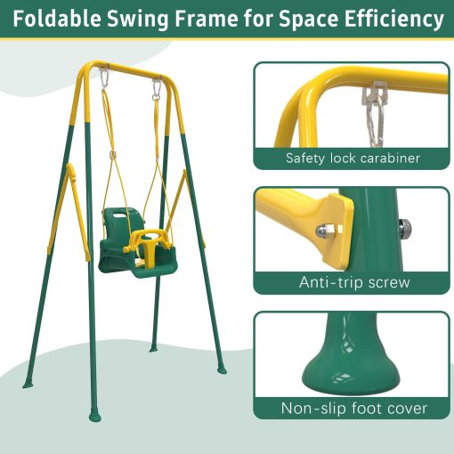 Columpio multifuncional para niños con 4 sacos de arena para estabilidad, columpio plegable para uso interior y exterior, facil de instalar y almacenar para patios traseros - Verde - Imagen 5