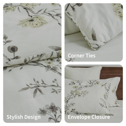 Juego de edredon tamano King PANGUSHAN, juego de ropa de cama de felpa floral de algodon para cama King, todas las estaciones, 3 piezas, blanco - Imagen 6