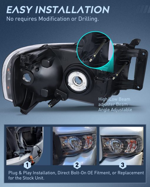 Faros Nilight para 2002 2003 2004 2005 Ram 1500 2500 3500 Camioneta con Carcasa Negra y Reflector Claro, Kit de Repuesto de Conjunto de Faros, Lado del Conductor y del Pasajero, 2 Piezas - Imagen 3