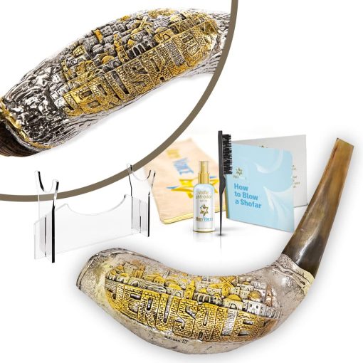 Shofar de Cuerno Plateado de Plata Santa Voz de Israel - Cuerno de 24"-26" de Jerusalen Plateado con Soporte de Cuerno, Bolsa de Transporte, Cepillo, Spray Anti-Olor - Hecho en Israel