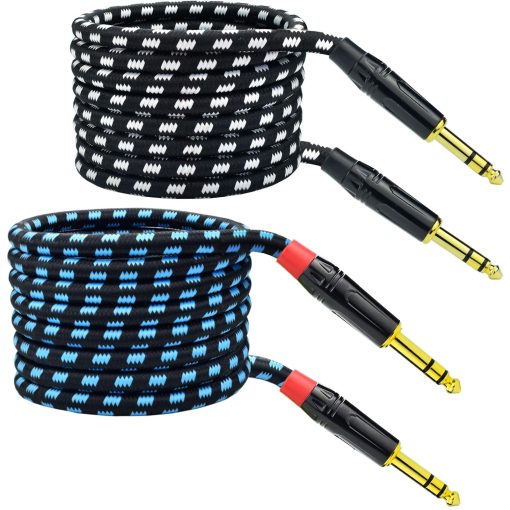 Cable de interconexion equilibrado Mugteeve de 1/4 pulgadas TRS a 1/4 pulgadas TRS, 10FT Cable de audio estereo de un cuarto de pulgada 6.35mm a 6.35mm, Trenzado de nailon resistente, para interfaz, mezcladora, altavoz - Paquete de 2