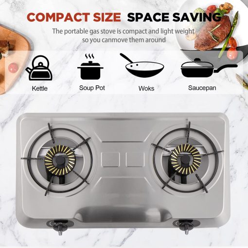 Cocina de gas propano con 2 quemadores, estufa de gas portatil de acero inoxidable con encendido automatico para acampar, doble gas LP para RV, apartamento, exterior - Imagen 5