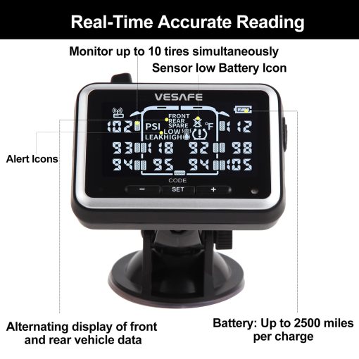 VESAFE TPMS, Sistema de Monitoreo de Presion de Neumaticos Inalambrico para RV, Remolque, Autobus, Casa Rodante, Quinta Rueda, Incluyendo 6 sensores antirrobo. - Imagen 2