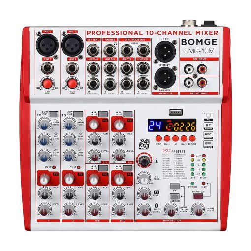 Mezcladora de sonido BOMGE de 10 entradas con preamplificadores de microfono y compresores, 24DSP, bluetooth, Alimentacion 48V, EQ britanico e Interfaz USB/Audio para grabacion, karaoke y podcast. (10M-10 Canales)