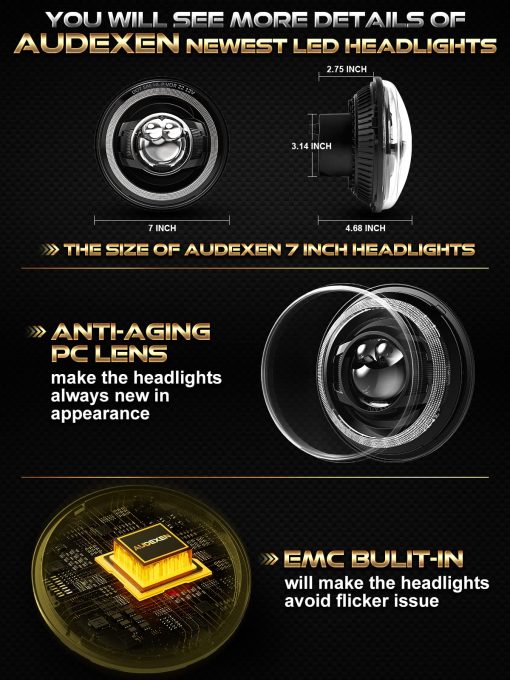 Faros LED de 7 pulgadas AUDEXEN 160W, Faros Redondos de 7" Compatibles con Jeep Wrangler JK JKU LJ CJ TJ 1997-2018 - Faros JK con Luces Diurnas/Intermitentes/Baja/Alta - Aprobados por la DOT - Imagen 6