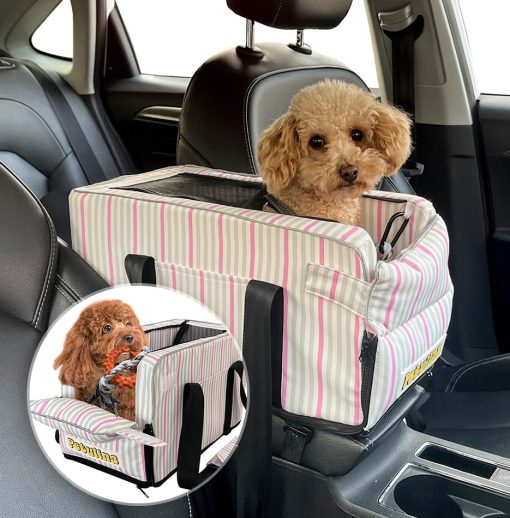 Asiento de coche para perros pequenos con juguete incluido, asiento de coche para perros, asiento de coche para cachorros, asiento de coche para perros de consola lavable, apoyabrazos para coche incluido con sujeciones de seguridad y juguete para perros por PETULINA (Rosa)
