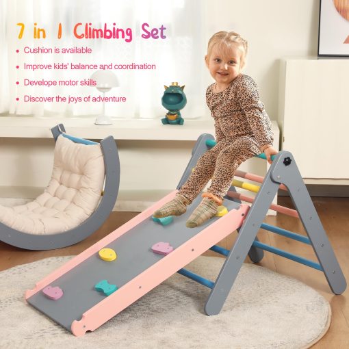 Set de Triangulo Pikler con Cojin, 7 en 1 Juguetes de Escalada para Ninos Pequenos en Interiores, Set de Escalada Plegable Montessori, Juguetes de Madera para Ninos Pequenos 1-3 Anos con Rampa, Arco y Escalera (Arcoiris con Azul) - Imagen 7