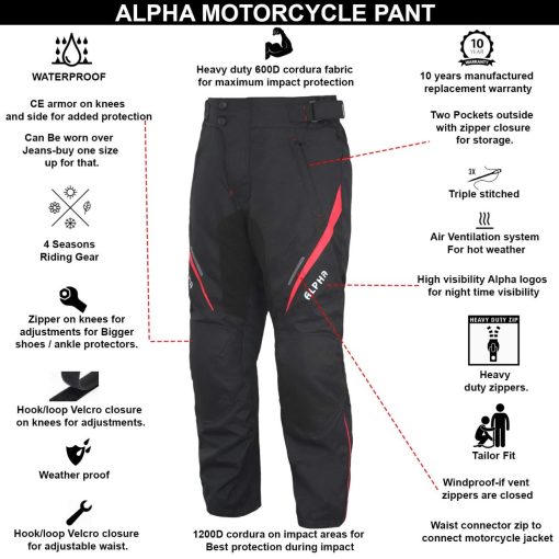 Pantalones de Motocicleta Todo Terreno para Hombres Motocross Offroad Touring Adventure Dual Enduro Impermeables con Armadura CE (ROJO, Cintura 32"-34" Entrepierna 34") - Imagen 2