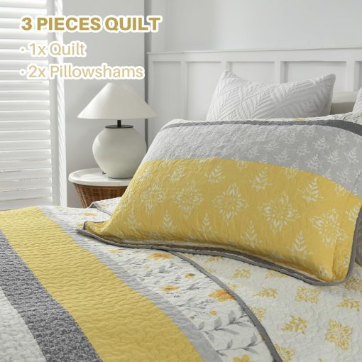 Juego de Edredon de Algodon 100% PANGUSHAN para Cama Queen, Juego de Edredon de Tamano Queen, Edredon Reversible Floral de Estilo Granja en Amarillo, Cubrecama Acolchado Ligero para Cama Queen, 3 Piezas, Amarillo/Gris/Blanco - Imagen 6