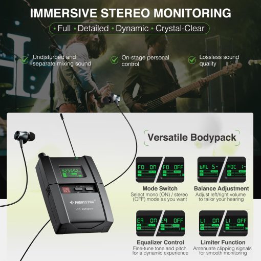 Sistema de Monitor Inalambrico Estereo Phenyx Pro UHF, Wireless IEM, Frecuencia Seleccionable de Banda 900MHz, Montable en Rack, Operacion de 160 pies, Adecuado para Escenario, Estudio, Exposicion, Conferencia, Discurso (PTM-10) - Imagen 4