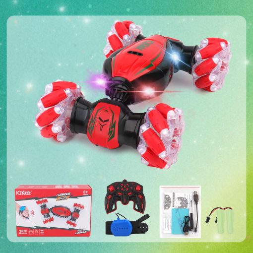 Coche de acrobacias RC con deteccion de gestos IQKidz - Rojo Navideno, Mejores Regalos de Cumpleanos para Ninos de 6-12, Juguetes de Coches de Doble Lado de Control Remoto Manual con Luz y Musica, 4x4 de Deriva Todoterreno para Rotacion - Imagen 9
