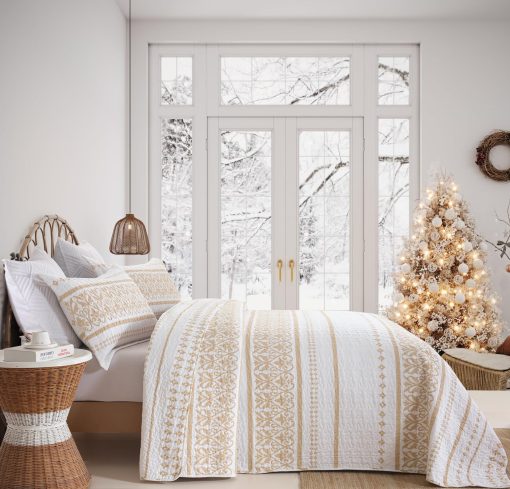 Juego de Colcha Boho Cinefoso, Colcha Tamano Queen 100% Algodon Juego de Edredon Bohemio con Estampado de Rayas Ligero Juego de Cama Reversible Cubrecamas de Cama Reina para Todas las Estaciones, Beige 3 Piezas