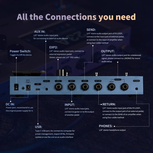 Procesador de efectos multifuncion FLAMMA FX150 para guitarra electrica con modelado de amplificador, simulacion de gabinete, EQ global, pantalla tactil, 160 efectos integrados, 180 ranuras de efectos editables de usuario, looper y puertos de E/S principales - Imagen 7