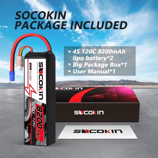 Bateria de Lipo 4S Socokin 14.8V 8200mAh 120C con Conector EC5 Estuche Suave para Coche RC X-Maxx Barco RC Camion de Carreras Helicoptero Aeroplano Paquete de 2 - Imagen 6
