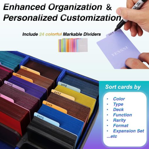 Caja de Almacenamiento de Cartas Venssu Para Trading Cards Con Soportes de Cartas Dedicados, Caja de Mazo Mtg de 3000+ Con 24 Pestanas Coloridas, Almacenamiento de Cartas de Trading para Cartas de Juego Magico (Negro y Azul) - Imagen 3
