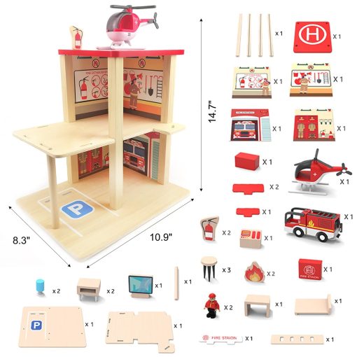 Juego de Estacion de Bomberos de Madera BBtinker, Munecos de Juguete de Juegos de Imitacion de 3 Niveles Multicolor con Figuras, Camion, Helicoptero y Accesorios, Juguetes Educativos de Aprendizaje Preescolar para Ninos Pequenos de 3 Anos en Adelante - Imagen 7