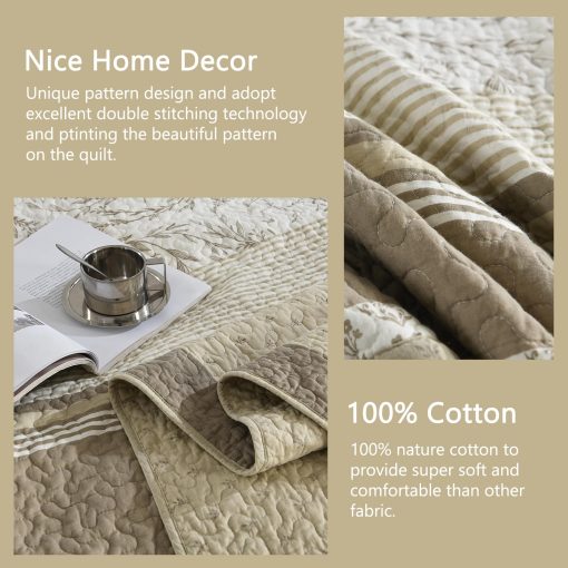 Colcha de cama extragrande California King de 100% algodon 128"x120", colcha de tamano King acolchada, cubrecama extra grande, edredon ligero de gran tamano, beige / gris / crema - Imagen 4
