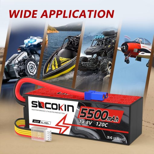 Bateria Lipo 4S Socokin 5500mAh 14.8V 120C con Conector EC5 Estuche Rigido para Coche RC Camion Tanque Buggy Truggy Modelo de Carreras Hobby (Pack de 2) - Imagen 5