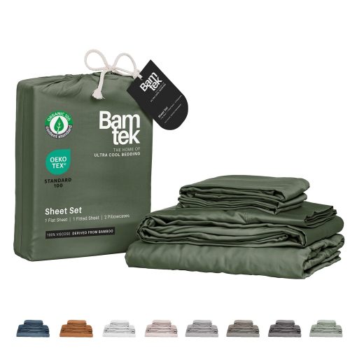 Juego de Sabanas Queen Size de Bambu Bamtek, Super Suave, Juego de Sabanas para Cama Queen Size, 4 Piezas, Sabanas de Enfriamiento para Personas que Duermen Calientes, Sabanas de Bambu cultivado Organicamente, Juego de Sabanas Verde Queen - Musgo (60x80x18 Pulgadas)