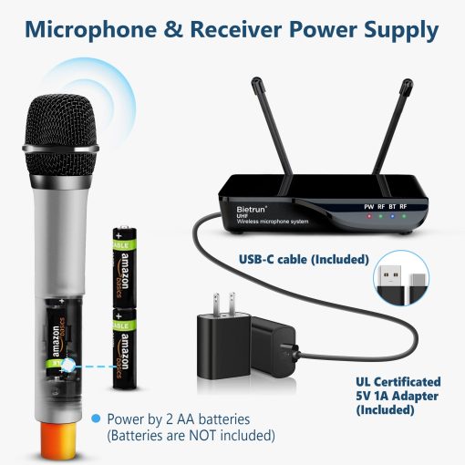 Microfono inalambrico Bietrun con Eco/Agudos/Graves, Rango UHF de 160 pies, Sistema de microfono de mano dinamico inalambrico UHF dual para Karaoke en casa, Reunion, Fiesta, Boda (Receptor con Bluetooth) - Imagen 6