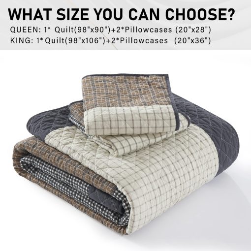 Juego de Ropa de Cama PERHOM - Edredon Ligero Queen 100% Algodon, 3 Piezas Colcha/Cubrecama a Cuadros de Estilo Granja, Marron Beige Gris, Todas las Estaciones, Queen (98"x90") - Imagen 5