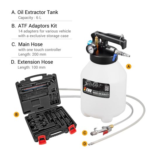 Bomba Extractora/Dispensadora de Aceite de Transmision Automatica EWK Patentada de 6L para Sistema de Llenado de ATF con 14 Adaptadores - Imagen 2
