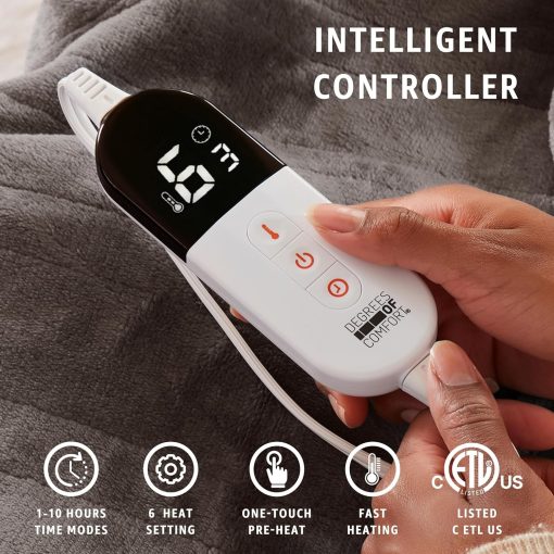 Manta electrica California King Degrees of Comfort con controles duales, manta electrica de gran tamano de franela para cama, apagado automatico, lavable a maquina - Gris, 100Wx90L - Imagen 2