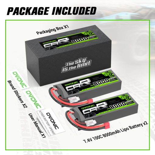 OVONIC Bateria Lipo 8000mAh 100C 7.4V 2S con Conector T para Avion RC, Quadcopter DJI, Helicoptero RC, Coche RC, Camion y Barco 2 unidades - Imagen 6