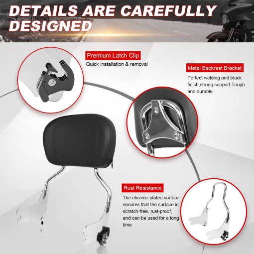 AUFER Respaldo Desmontable Sissy Bar Respaldo Trasero con Almohadilla Compatible con Touring Road King Electra Glide Street Glide Road Glide FLHR FLHX FLHT FLTR 1997-2008 (Cromo) - Imagen 3