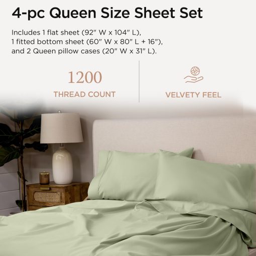 Juego de Sabanas de Algodon Supima Threadmill Luxury, Lujo de 1200 Hilos Suaves 100% Algodon para Cama Queen, Juego de Sabanas Verde Salvia Queen de 4 Piezas, Calidad de Hotel 5 Estrellas con Bolsillo Profundo - Imagen 2