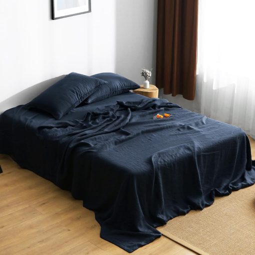 Juego de sabanas de lino frances natural organico al 100%, certificado GOTS, lujoso y suave lavado de piedra, 3 piezas de sabanas para cama (Azul Marino, Individual) - Imagen 3